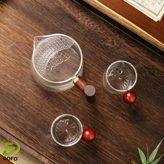 Glass crescent mahogany hand held fair cup + 2 small cups(Chinese Tea Set)