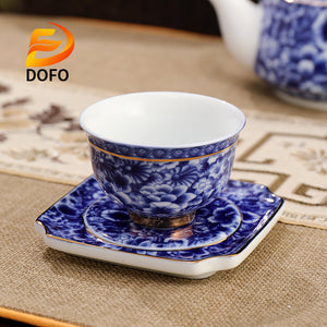 Blue and white old ice plum, one pot and two cups with coasters-2