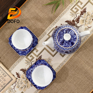 Blue and white old ice plum, one pot and two cups with coasters-3