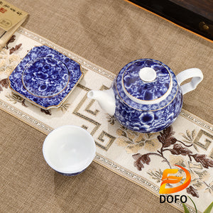 Blue and white old ice plum, one pot and two cups with coasters-4