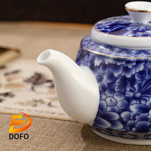 Blue and white old ice plum, one pot and two cups with coasters-5