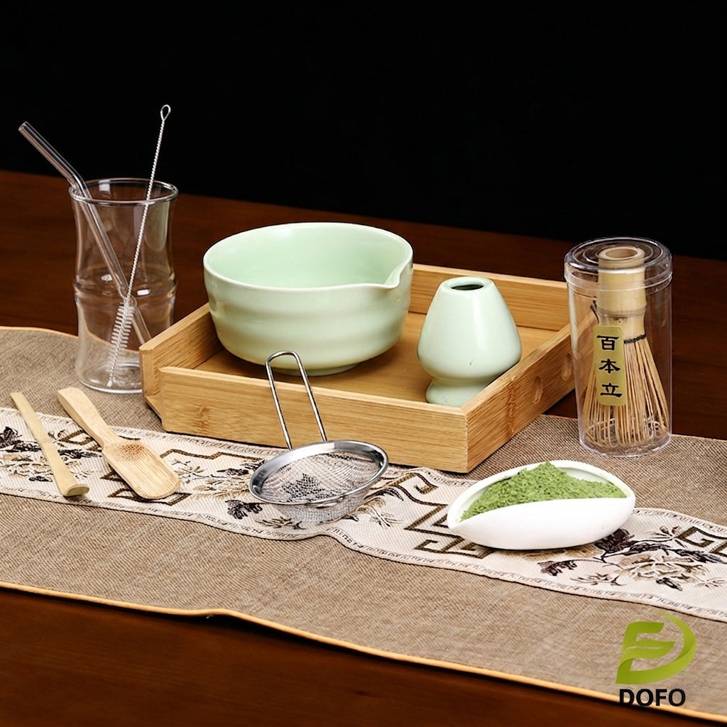 A Heat-Resistant Bamboo- Joint Style Cup with Curved Straw  and A Japanese Matcha Six-Piece Tea Set