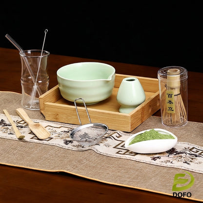 A Heat-Resistant Bamboo- Joint Style Cup with Curved Straw  and A Japanese Matcha Six-Piece Tea Set