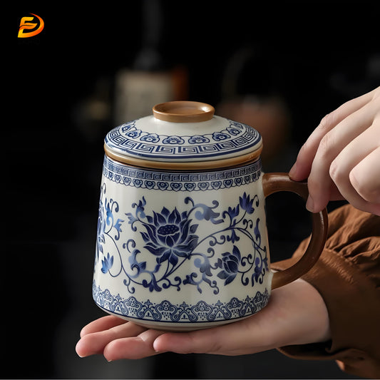 Blue and white Ru kiln office teacup mug