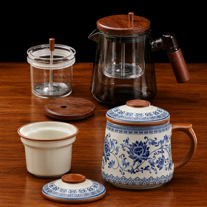 Blue and white Ru ware office teacup with 750ml glass teapot set