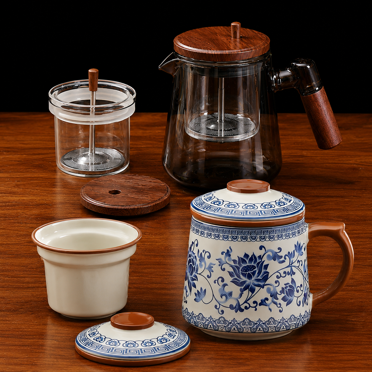 Blue and white Ru ware office teacup with 750ml glass teapot set