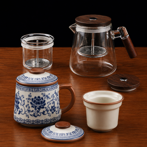 Blue and white Ru ware office teacup with 900ml glass teapot set
