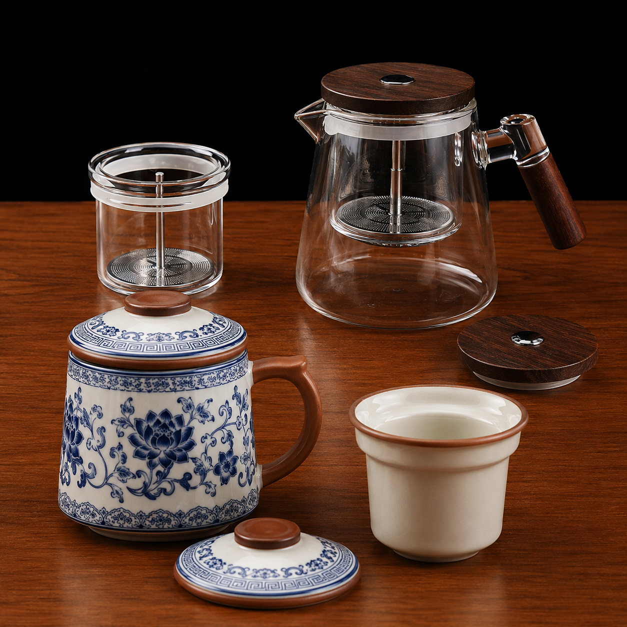 Blue and white Ru ware office teacup with 900ml glass teapot set