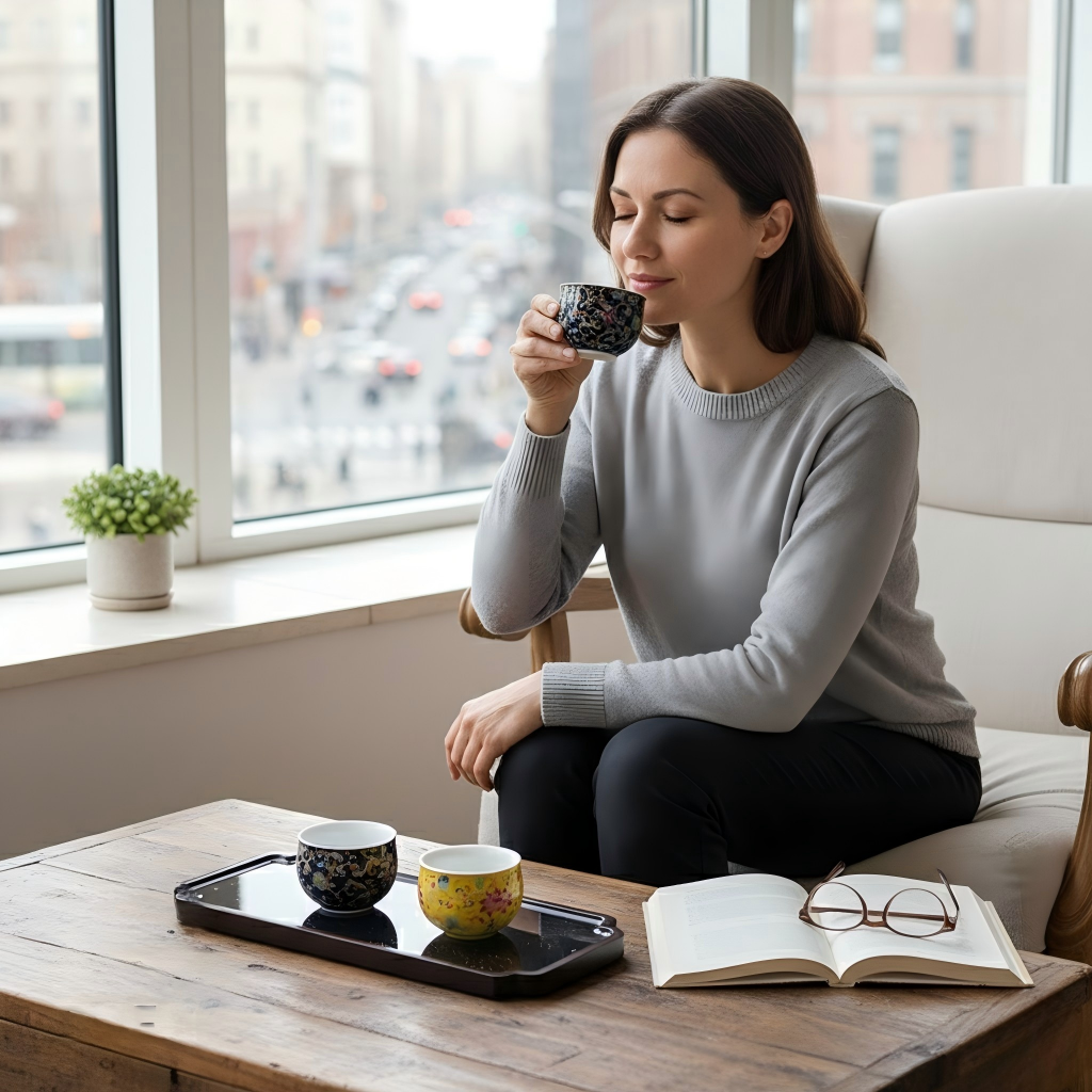 Color-changing tea tray and two cloisonné teacups