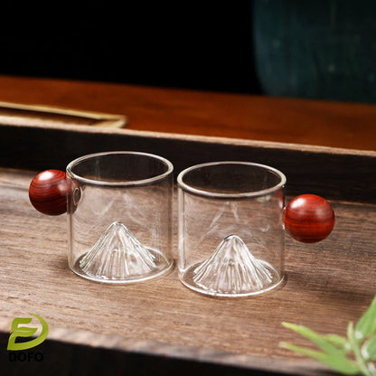 Glass crescent mahogany hand held fair cup + 2 small cups(Chinese Tea Set)