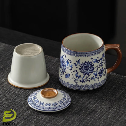 Blue and white Ru kiln office teacup mug