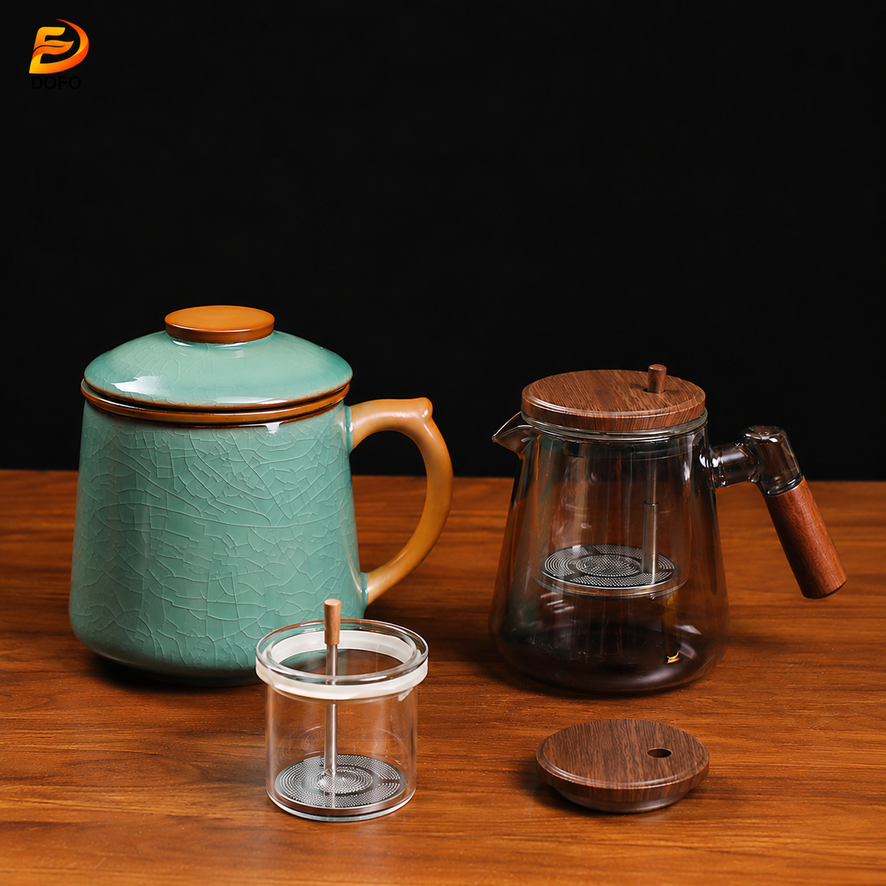 Sky blue Ge kiln office teacup with 750ml Glass Teapot Set